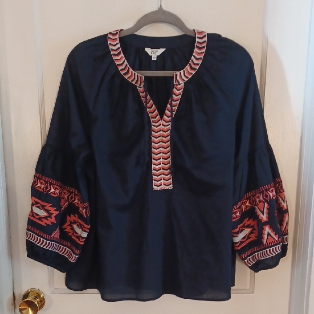 crown & ivy Navy Blouse with Red and White Embroidered Trim